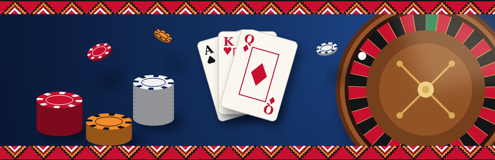 Ruleta, fichas y cartas sobre un paño azul, con el borde de mola de la portada